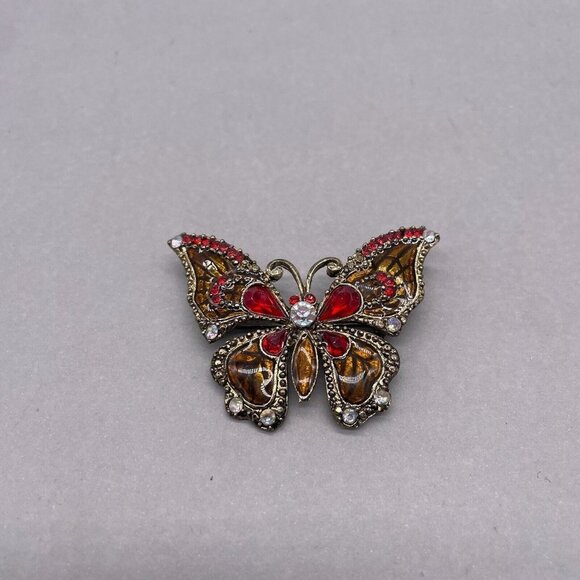 Vintage Red Crystal and Rhinestone Butterfly Brooch Pin Gold Tone - Picture 3 of 5